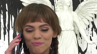 A sexy petite ts babysitter Kate Zoha sucks and takes a stiff cock