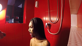 Bound Asian ladyboy Game gets piss in her mouth before she gave great head