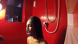 Bound Asian ladyboy Game gets piss in her mouth before she gave great head