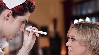 Removes her patient gown for breast exam