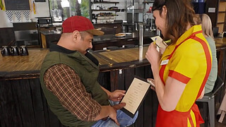 Food fetish TS waitress fucks guest in restaurant kitchen