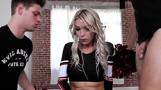 TS cheerleader babe enjoys facial jizzing bareback 3way