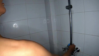 Tanned ladyboy beauty Aemy shower blowjob and anal cock riding bareback