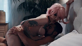 Busty tattooed TS babe with pink hair rides BFs cock