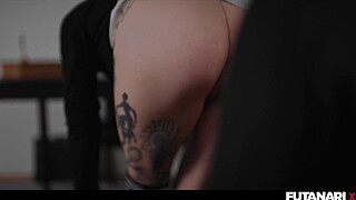 Milf vs Inked Girl Shemale Cums all over