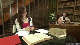 Mistress sucks and fucks TS in library