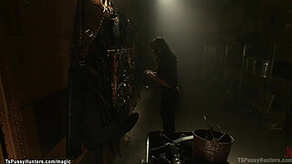 Shemale binds and fucks new employee