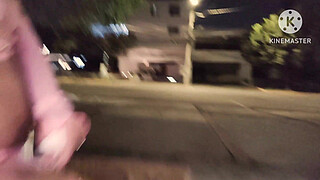 Tranny exposing her body in the street while taking an anal beer