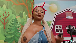 Big boobed ebony farmgirl Eva Maxim milking and fucking two tranny dicks 2