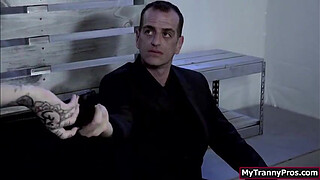 Three hunks gangbanged Trannys juicy ass