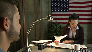 Corrupted busty TS agent bangs man