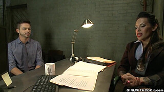 Corrupted busty TS agent bangs man