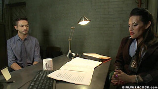 Corrupted busty TS agent bangs man