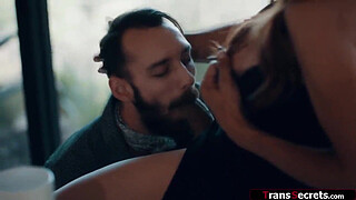 Busty shemale stepmom Sofia Sanders gets her stepson to suck her tranny cock.The tgirl gives blowjob and anal fucks him while her other barebacks her