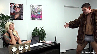 Huge tits blonde tranny Aubrey Kate has visit from her opponent in office and soon after she sucks his dick
