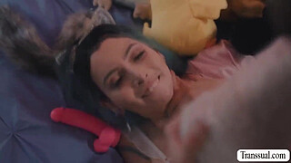 Playful shemale lets her guy neighbor watch while shes toying her asshole.After that,she calls him inside and lets bareback her wet ass so hard.