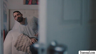 Playful shemale lets her guy neighbor watch while shes toying her asshole.After that,she calls him inside and lets bareback her wet ass so hard.