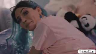 Playful shemale lets her guy neighbor watch while shes toying her asshole.After that,she calls him inside and lets bareback her wet ass so hard.