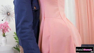 Busty ladyboy Andrea Zhay gets a collar that says cum slut.The asian trans kisses her bf and sucks his cock.Then the tgirl gets rimmed and barebacked