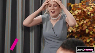 Boss anal fucks maid Emma Rose and his wife catches em.The tgirl ties her and she sucks his cock.The wife gives him a footjob and the ts is barebacked