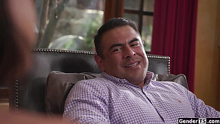 I just picked up a hot asian trans woman with a hardon.Small tits brunette shemale Kasey Kei takes out her tranny dick for him to suck and anal rides