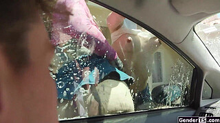 These two super sexy tgirls want to wash more than just cars.Busty shemale Gracie Jane and her trans gf Jayne Calloway want to be anal barebacked
