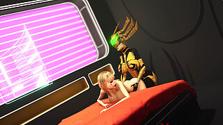 3d dickgirl android plays with a sexy young blonde in the sci-fi bedroom